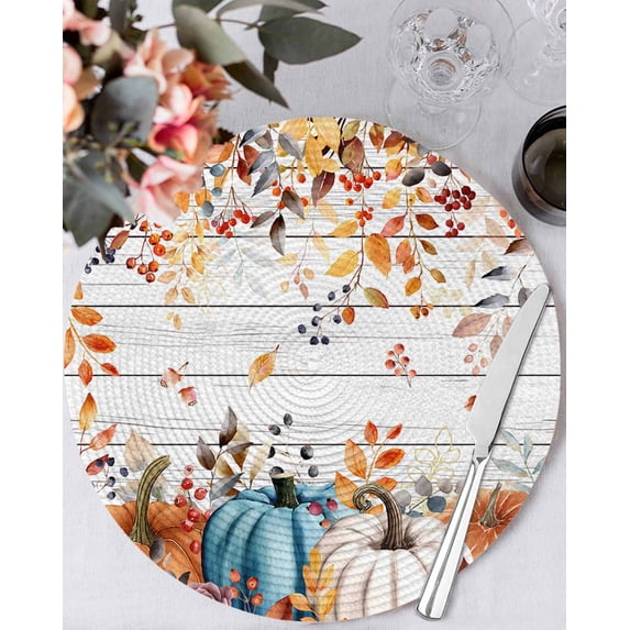 13 Inch Round Placemats Set of 6, Orange Blue Fall Non Slip Heat Insulation PP Table Mats, Pumpkins Botanical Thanksgiving Wooden Washable Place Mats for Kitchen Dining Party Table Decor
