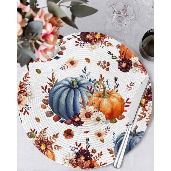 13 Inch Round Placemats Set of 6, Orange Blue Fall Pumpkins Non Slip Heat Insulation PP Table Mats, Floral Botanical Thanksgiving Washable Place Mats for Kitchen Dining Party Table Decor