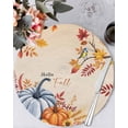 thumbnail image 1 of 13 Inch Round Placemats Set of 6, Orange Blue Hello Fall Non Slip Heat Insulation PP Table Mats, Thanksgiving Pumpkin Maple Leaf Washable Place Mats for Kitchen Dining Party Table Decor, 1 of 7