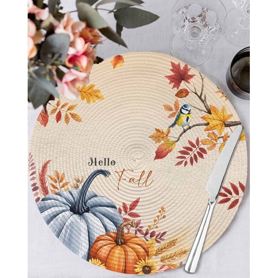 13 Inch Round Placemats Set of 6, Orange Blue Hello Fall Non Slip Heat Insulation PP Table Mats, Thanksgiving Pumpkin Maple Leaf Washable Place Mats for Kitchen Dining Party Table Decor