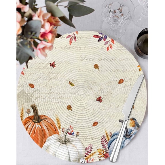13 Inch Round Placemats Set of 6, Orange Blue Pumpkins Fall Non Slip Heat Insulation PP Table Mats, Thanksgiving Maple Leaf Birds Washable Place Mats for Kitchen Dining Party Table Decor