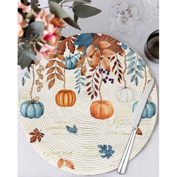 13 Inch Round Placemats Set of 6, Orange Blue Pumpkins Fall Non Slip Heat Insulation PP Table Mats, Weeping Botanical Thanksgiving Retro Washable Place Mats for Kitchen Dining Party Table Decor
