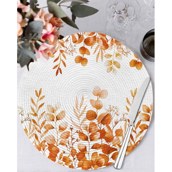 13 Inch Round Placemats Set of 6, Orange Eucalyptus Leaves Non Slip Heat Insulation PP Table Mats, Watercolor Spring Summer Botanical Washable Place Mats for Kitchen Dining Party Table Decor