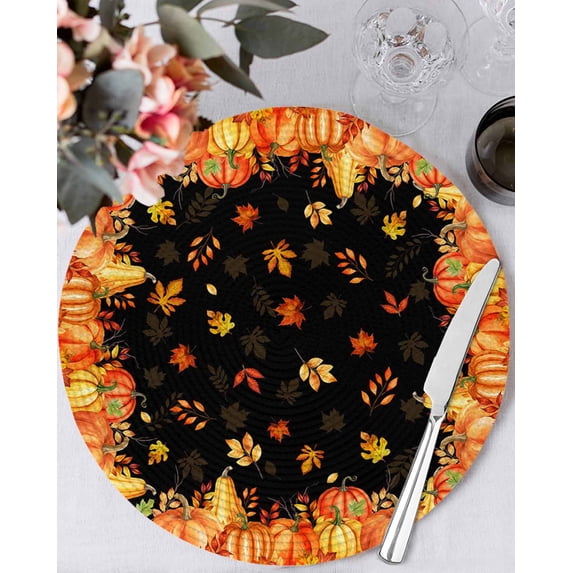 13 Inch Round Placemats Set of 6, Orange Fall Non Slip Heat Insulation PP Table Mats, Black Maple Leaf Pumpkins Thanksgiving Washable Place Mats for Kitchen Dining Party Table Decor