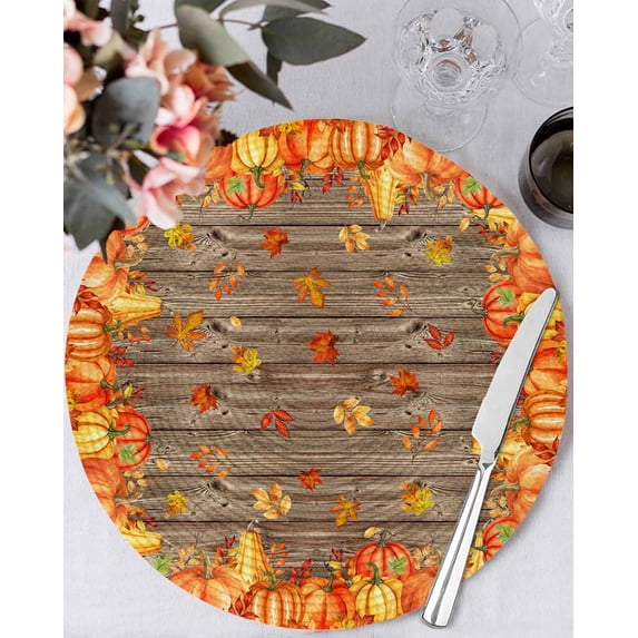 13 Inch Round Placemats Set of 6, Orange Fall Non Slip Heat Insulation PP Table Mats, Retro Maple Leaf Pumpkins Thanksgiving Washable Place Mats for Kitchen Dining Party Table Decor