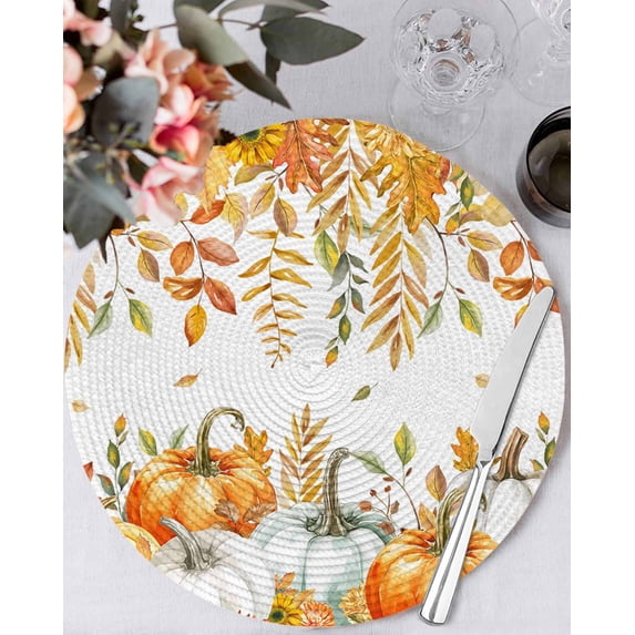 13 Inch Round Placemats Set of 6, Orange Fall Non Slip Heat Insulation PP Table Mats, Thanksgiving Weeping Maple Leaf Pumpkins Washable Place Mats for Kitchen Dining Party Table Decor