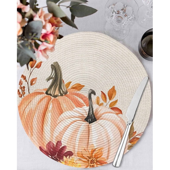 13 Inch Round Placemats Set of 6, Orange Fall Pumpkins Non Slip Heat Insulation PP Table Mats, Thanksgiving Maple Leaf Botanical Rustic Washable Place Mats for Kitchen Dining Party Table Decor