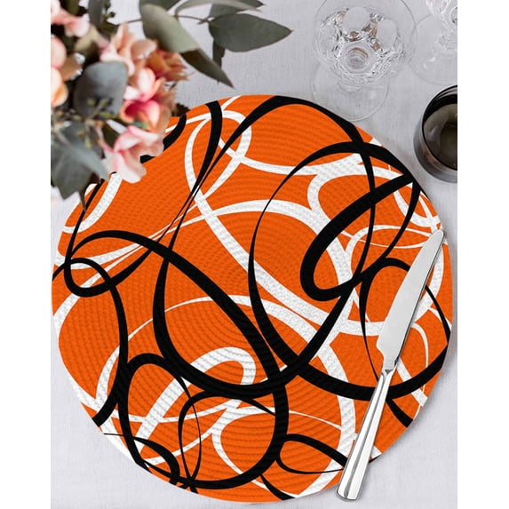 13 Inch Round Placemats Set of 6, Orange Geometric Non Slip Heat Insulation PP Table Mats, Black White Striped Abstract Lines Art Washable Place Mats for Kitchen Dining Party Table Decor