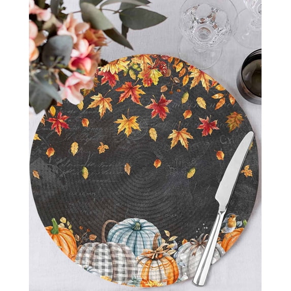 13 Inch Round Placemats Set of 6, Orange Pumpkin Fall Non Slip Heat Insulation PP Table Mats, Sunflower Thanksgiving Botanical Leaves Washable Place Mats for Kitchen Dining Party Table Decor