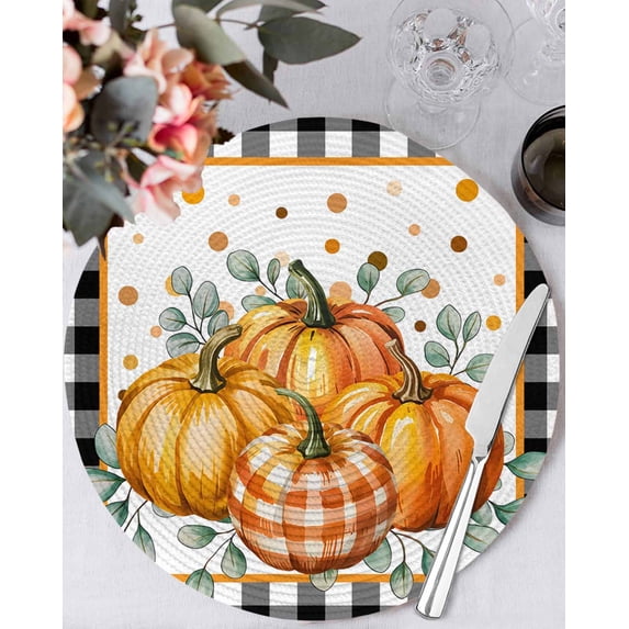 13 Inch Round Placemats Set of 6, Orange Pumpkins Fall Non Slip Heat Insulation PP Table Mats, Black Plaid Polka Dot Botanical Washable Place Mats for Kitchen Dining Party Table Decor