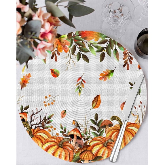 13 Inch Round Placemats Set of 6, Orange Yellow Pumpkin Fall Non Slip Heat Insulation PP Table Mats, Thanksgiving Leaves Grey Plaid Washable Place Mats for Kitchen Dining Party Table Decor