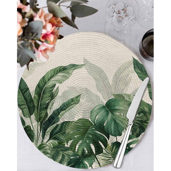 13 Inch Round Placemats Set of 6, Palm Leaves Tropical Non Slip Heat Insulation PP Table Mats, Green Botanical Summer Linen Washable Place Mats for Kitchen Dining Party Table Decor