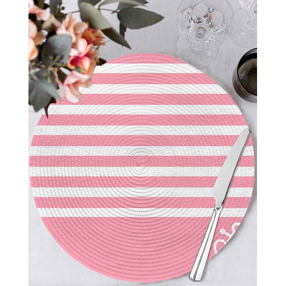 13 Inch Round Placemats Set of 6, Pink Anchor Non Slip Heat Insulation PP Table Mats, Modern Nautical White Geometric Stripes Washable Place Mats for Kitchen Dining Party Table Decor