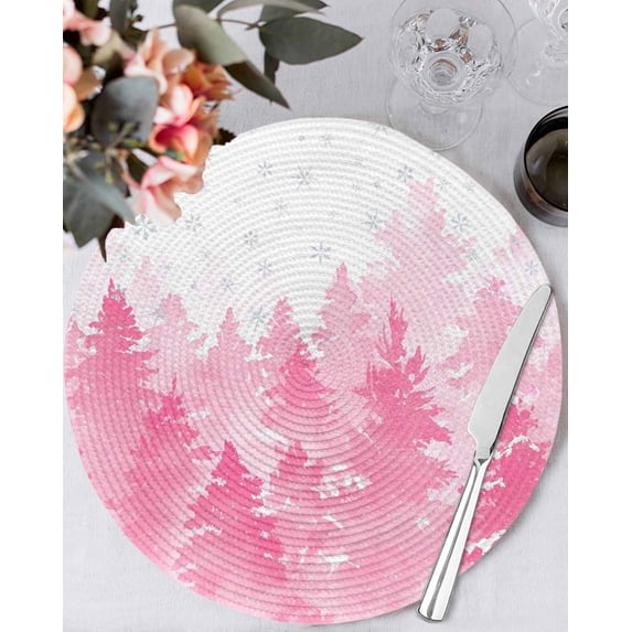 13 Inch Round Placemats Set of 6, Pink Christmas Non Slip Heat Insulation PP Table Mats, Winter Snowflake Abstract Forest Tree Washable Place Mats for Kitchen Dining Party Table Decor