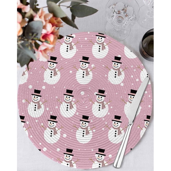 13 Inch Round Placemats Set of 6, Pink Christmas Snowman Non Slip Heat Insulation PP Table Mats, Winter Xmas Snowflake Cute Washable Place Mats for Kitchen Dining Party Table Decor