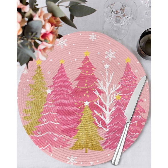 13 Inch Round Placemats Set of 6, Pink Christmas Tree Non Slip Heat Insulation PP Table Mats, Pink Golden Xmas Tree Snowflake Winter Washable Place Mats for Kitchen Dining Party Table Decor
