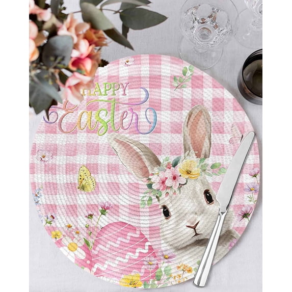 13 Inch Round Placemats Set of 6, Pink Easter Non Slip Heat Insulation PP Table Mats, Spring Easter Bunny Eggs Floral Buffalo Plaid Washable Place Mats for Kitchen Dining Party Table Decor