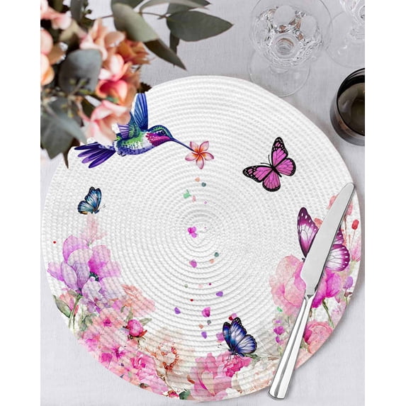 13 Inch Round Placemats Set of 6, Pink Flower Non Slip Heat Insulation PP Table Mats, Spring Floral Butterflies Elegant Pastoral Birds Washable Place Mats for Kitchen Dining Party Table Decor
