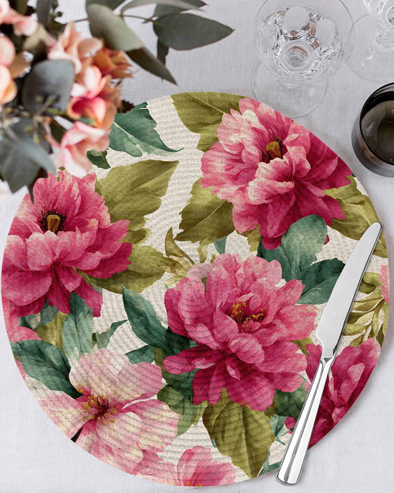 13 Inch Round Placemats Set of 6, Pink Flowers Non Slip Heat Insulation ...