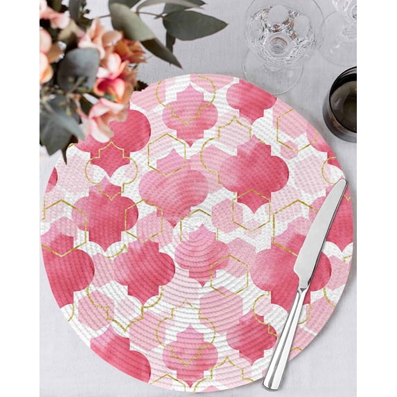 13 Inch Round Placemats Set of 6, Pink Geometric Moroccan Non Slip Heat Insulation PP Table Mats, Abstract Art Pink Ombre Modern Washable Place Mats for Kitchen Dining Party Table Decor