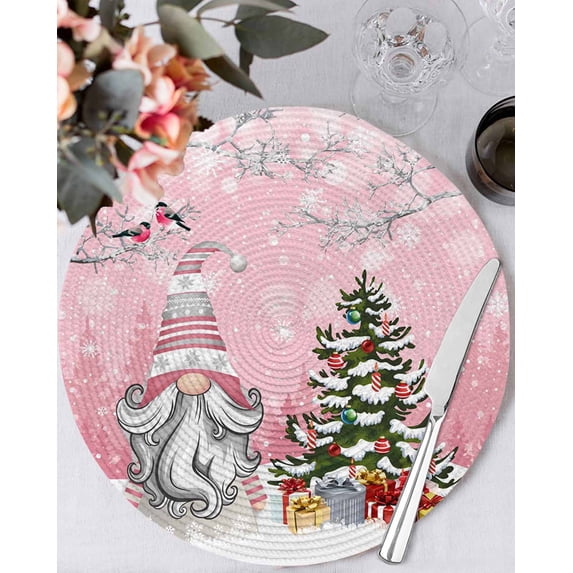 13 Inch Round Placemats Set of 6, Pink Gnomes Christmas Non Slip Heat Insulation PP Table Mats, Xmas Tree Gifts Winter Snowflake Birds Washable Place Mats for Kitchen Dining Party Table Decor