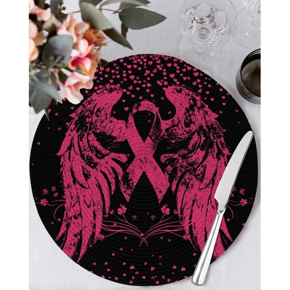 13 Inch Round Placemats Set of 6, Pink Ribbon Non Slip Heat Insulation PP Table Mats, Wings Romantic Love Heart Flowers Black Washable Place Mats for Kitchen Dining Party Table Decor