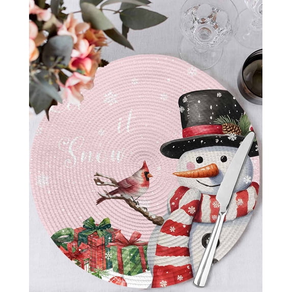 13 Inch Round Placemats Set of 6, Pink Snowman Christmas Non Slip Heat Insulation PP Table Mats, Winter Snowflake Xmas Gifts Washable Place Mats for Kitchen Dining Party Table Decor