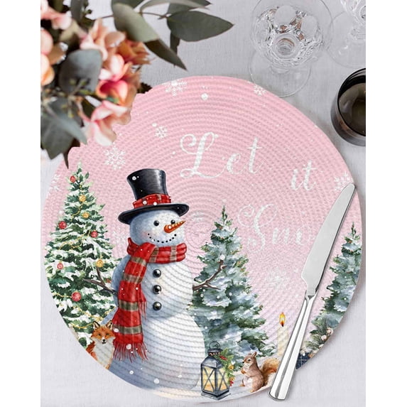 13 Inch Round Placemats Set of 6, Pink Snowman Christmas Non Slip Heat Insulation PP Table Mats, Xmas Tree Snowflake Gifts Washable Place Mats for Kitchen Dining Party Table Decor