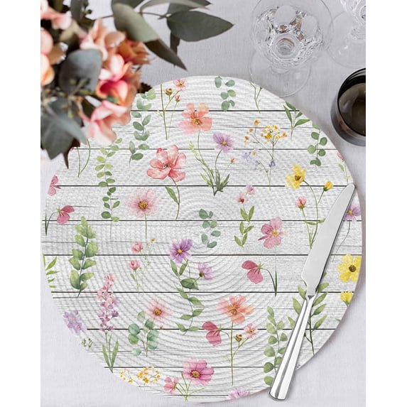 13 Inch Round Placemats Set of 6, Pink Spring Floral Non Slip Heat Insulation PP Table Mats, Flowers Botanical Elegant Wooden Washable Place Mats for Kitchen Dining Party Table Decor