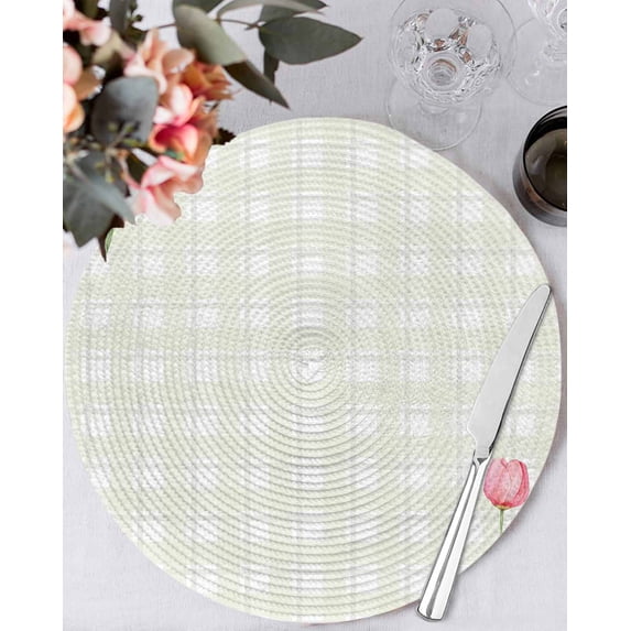 13 Inch Round Placemats Set of 6, Pink Spring Floral Non Slip Heat Insulation PP Table Mats, Tulip Yellow Plaid Summer Botanical Washable Place Mats for Kitchen Dining Party Table Decor