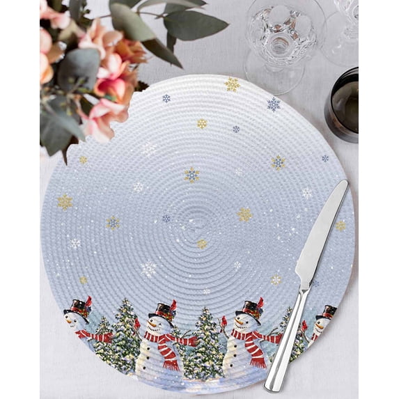13 Inch Round Placemats Set of 6, Purple Blue Christmas Snowman Non Slip Heat Insulation PP Table Mats, Winter Xmas Tree Snowflakes Washable Place Mats for Kitchen Dining Party Table Decor
