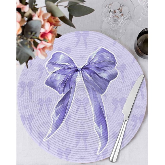 13 Inch Round Placemats Set of 6, Purple Bow Non Slip Heat Insulation PP Table Mats, Cute Bowknot Simple Pure Color Washable Place Mats for Kitchen Dining Party Table Decor
