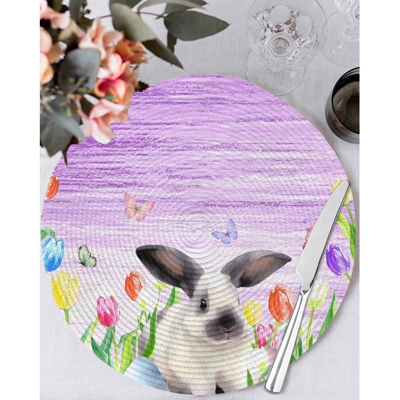 13 Inch Round Placemats Set of 6, Purple Easter Non Slip Heat Insulation PP Table Mats, Spring Botanical Floral Rabbit Butterfly Washable Place Mats for Kitchen Dining Party Table Decor