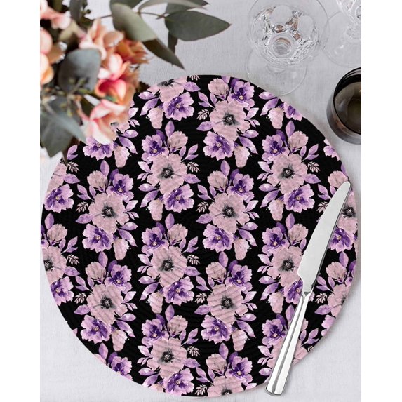 13 Inch Round Placemats Set of 6, Purple Floral Non Slip Heat Insulation PP Table Mats, Abstract Watercolor Flower Leaf Plant Washable Place Mats for Kitchen Dining Party Table Decor