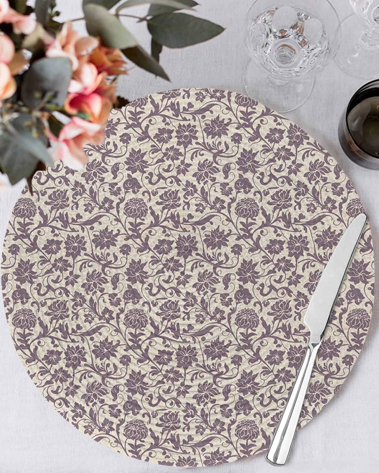 13 Inch Round Placemats Set of 6, Purple Floral Non Slip Heat Insulation PP Table Mats, Spring Plants Flowers Vintage Rustic Washable Place Mats for Kitchen Dining Party Table Decor