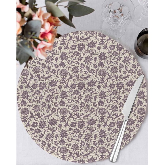13 Inch Round Placemats Set of 6, Purple Floral Non Slip Heat Insulation PP Table Mats, Spring Plants Flowers Vintage Rustic Washable Place Mats for Kitchen Dining Party Table Decor