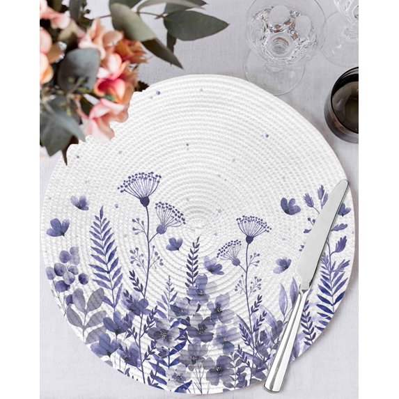 13 Inch Round Placemats Set of 6, Purple Spring Floral Non Slip Heat Insulation PP Table Mats, Watercolor Elegant Pastoral Flowers Washable Place Mats for Kitchen Dining Party Table Decor