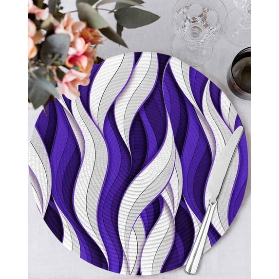 13 Inch Round Placemats Set of 6, Purple White Moire Non Slip Heat Insulation PP Table Mats, Modern Abstract Art Elegant Washable Place Mats for Kitchen Dining Party Table Decor