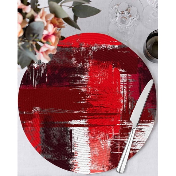 13 Inch Round Placemats Set of 6, Red Abstract Non Slip Heat Insulation PP Table Mats, Modern Mottled Art Oil Painting Washable Place Mats for Kitchen Dining Party Table Decor