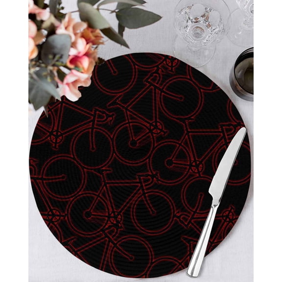 13 Inch Round Placemats Set of 6, Red Black Bicycles Non Slip Heat Insulation PP Table Mats, Hand-drawn Vehicle Modern Art Washable Place Mats for Kitchen Dining Party Table Decor