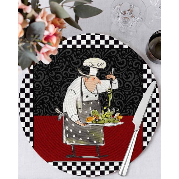 13 Inch Round Placemats Set of 6, Red Black Chef Non Slip Heat Insulation PP Table Mats, Cartoon Cute Watercolor Cooking Plaid Washable Place Mats for Kitchen Dining Party Table Decor