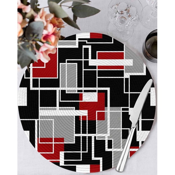 13 Inch Round Placemats Set of 6, Red Black Geometric Non Slip Heat Insulation PP Table Mats, Modern Color Block Abstract Washable Place Mats for Kitchen Dining Party Table Decor
