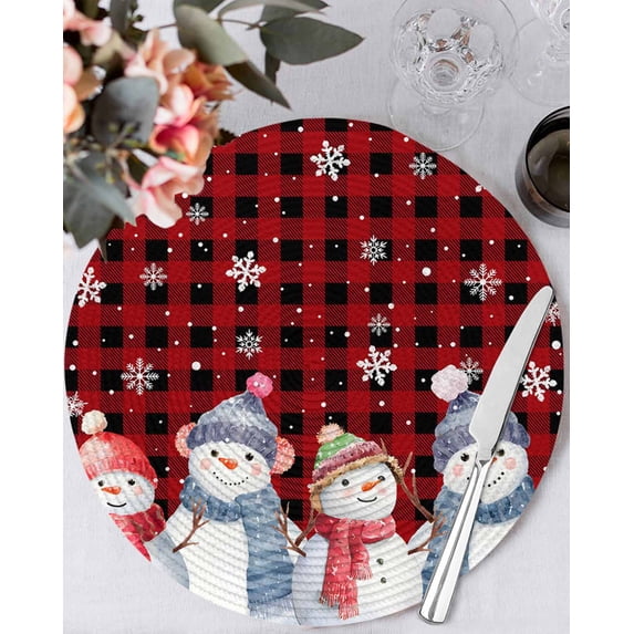 13 Inch Round Placemats Set of 6, Red Black Plaid Christmas Non Slip Heat Insulation PP Table Mats, Xmas Snowman Snowflake Winter Washable Place Mats for Kitchen Dining Party Table Decor