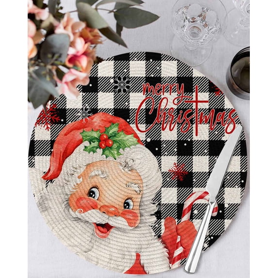 13 Inch Round Placemats Set of 6, Red Black Santa Christmas Non Slip Heat Insulation PP Table Mats, Plaid Xmas Snowflake Winter Farmhouse Washable Place Mats for Kitchen Dining Party Table Decor