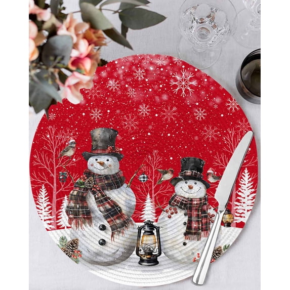 13 Inch Round Placemats Set of 6, Red Christmas Non Slip Heat Insulation PP Table Mats, Snowman Snowflake Winter Birds Washable Place Mats for Kitchen Dining Party Table Decor