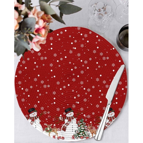 13 Inch Round Placemats Set of 6, Red Christmas Non Slip Heat Insulation PP Table Mats, Snowman Snowflake Xmas Tree Ball Elk Washable Place Mats for Kitchen Dining Party Table Decor