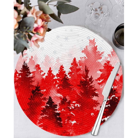 13 Inch Round Placemats Set of 6, Red Christmas Non Slip Heat Insulation PP Table Mats, Winter Snowflake Abstract Forest Tree Washable Place Mats for Kitchen Dining Party Table Decor