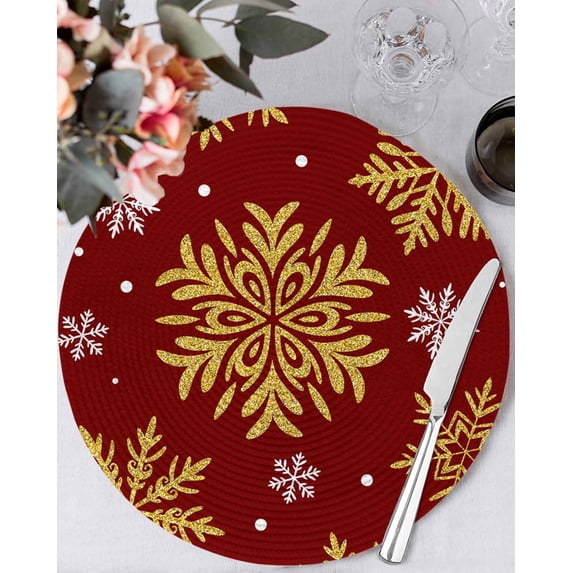 13 Inch Round Placemats Set of 6, Red Christmas Non Slip Heat Insulation PP Table Mats, Winter Xmas Snowflakes Textured Washable Place Mats for Kitchen Dining Party Table Decor