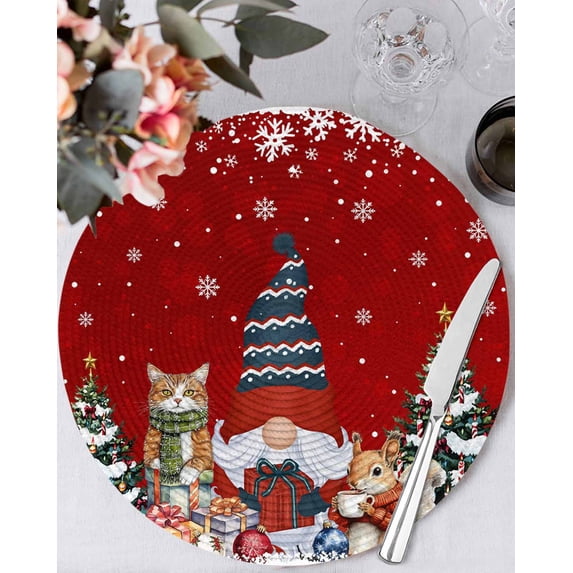 13 Inch Round Placemats Set of 6, Red Christmas Non Slip Heat Insulation PP Table Mats, Xmas Gnomes Cat Pine Tree Winter Snowflake Washable Place Mats for Kitchen Dining Party Table Decor