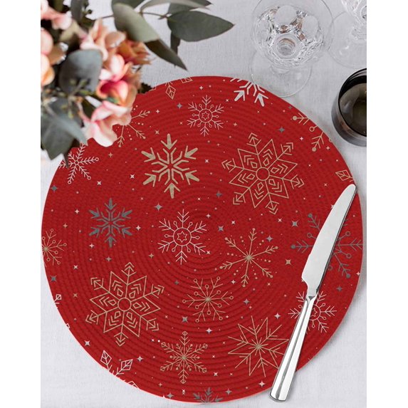 13 Inch Round Placemats Set of 6, Red Christmas Snowflakes Non Slip Heat Insulation PP Table Mats, Modern Xmas Winter Minimalist Washable Place Mats for Kitchen Dining Party Table Decor